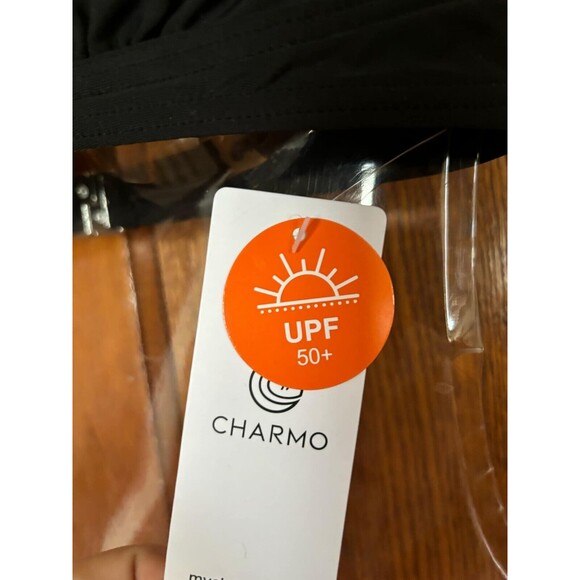 Charmo Black Bikini Top S | UPF 50+ V-Neck Tie-Strap Swim Top NEW - Picture 3 of 5